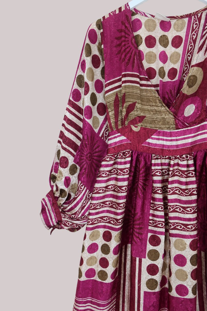Rosemary Vintage Sari Maxi Dress in Magenta Patchwork - Size S/M