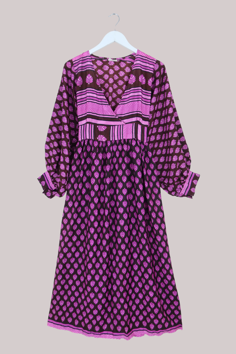 Rosemary Vintage Sari Maxi Dress in Cedar Brown & Pink - Size S/M