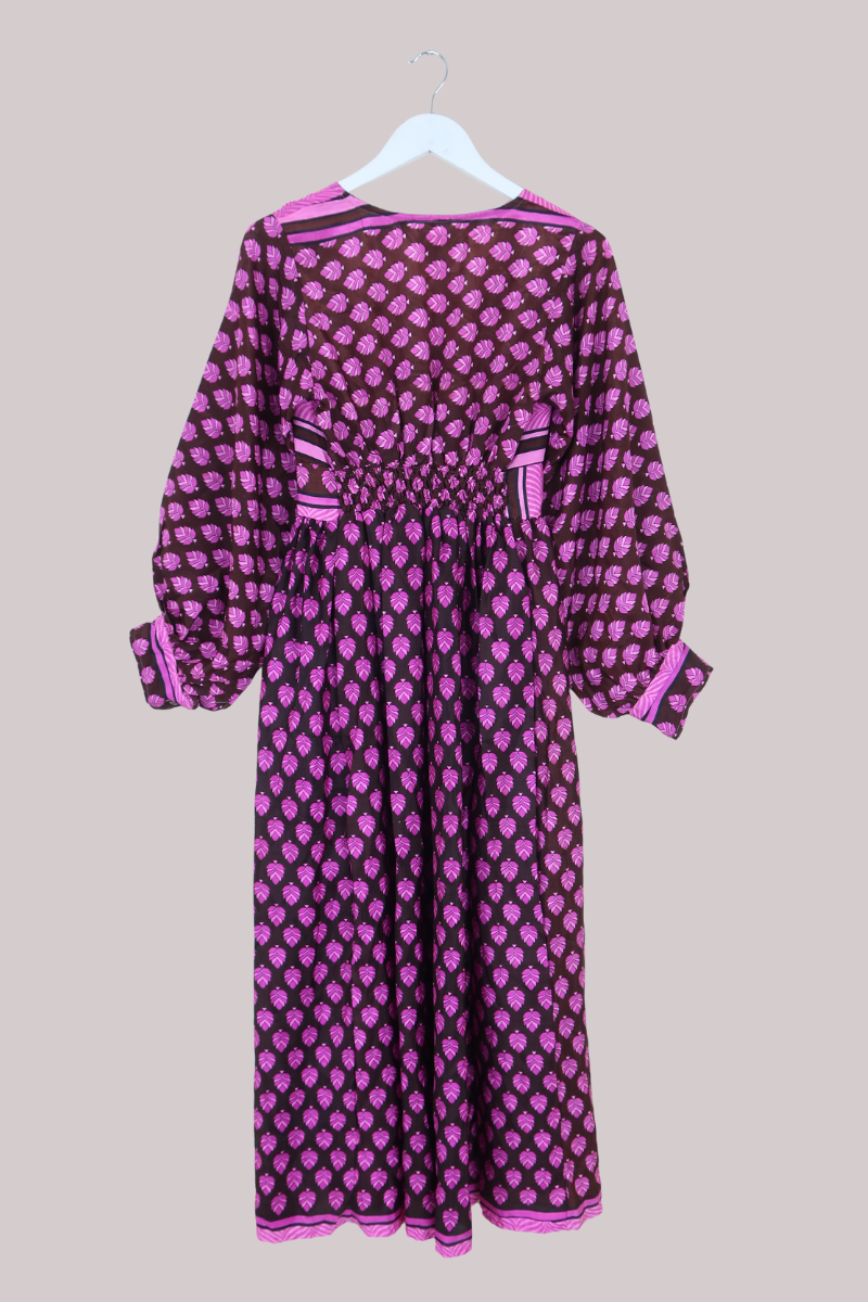 Rosemary Vintage Sari Maxi Dress in Cedar Brown & Pink - Size S/M