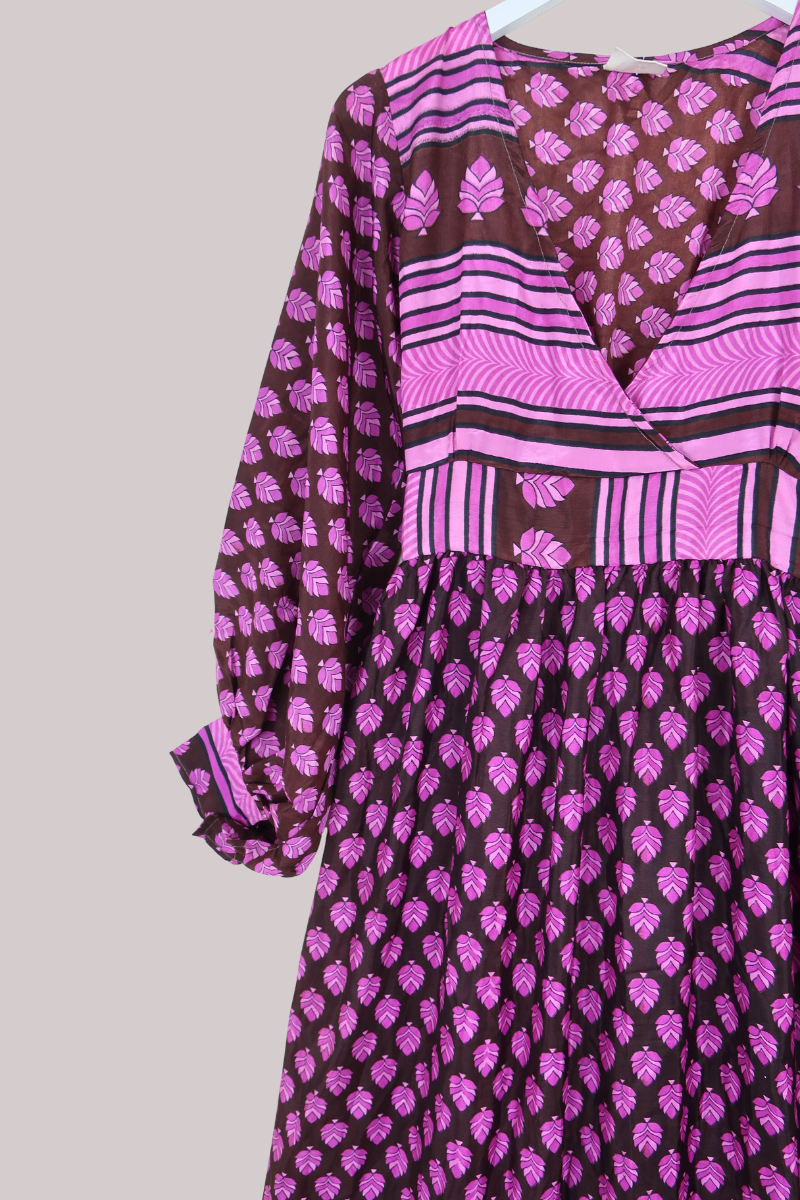 Rosemary Vintage Sari Maxi Dress in Cedar Brown & Pink - Size S/M