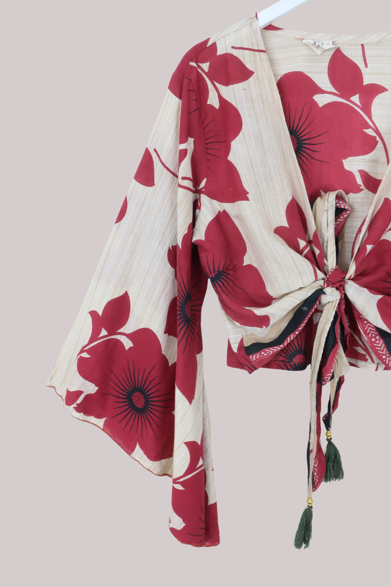 Gemini Recycled Sari Wrap Top in Garden Of Poppies - Size L/XL