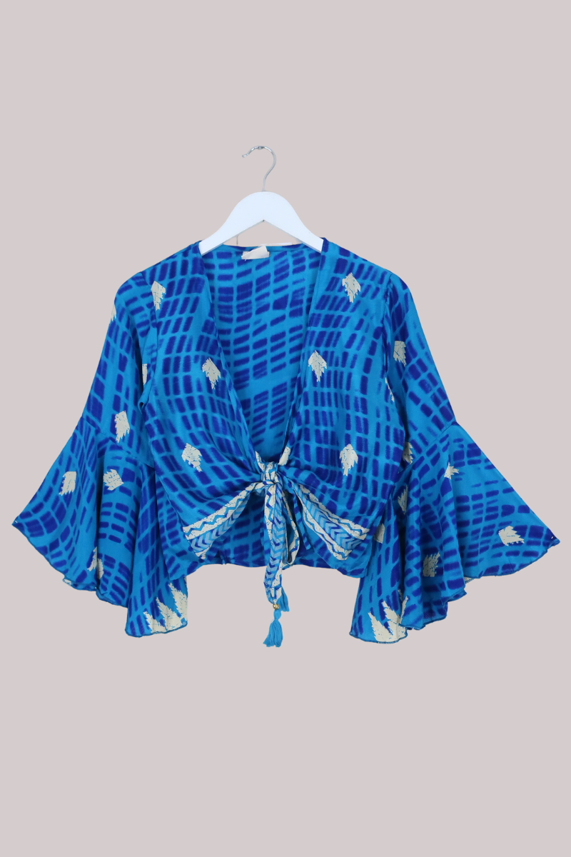Sylvia Recycled Sari Wrap Top in Ocean Blue - Size S/M