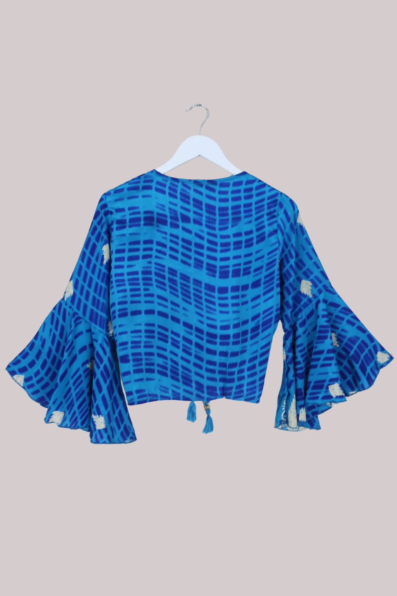 Sylvia Recycled Sari Wrap Top in Ocean Blue - Size S/M