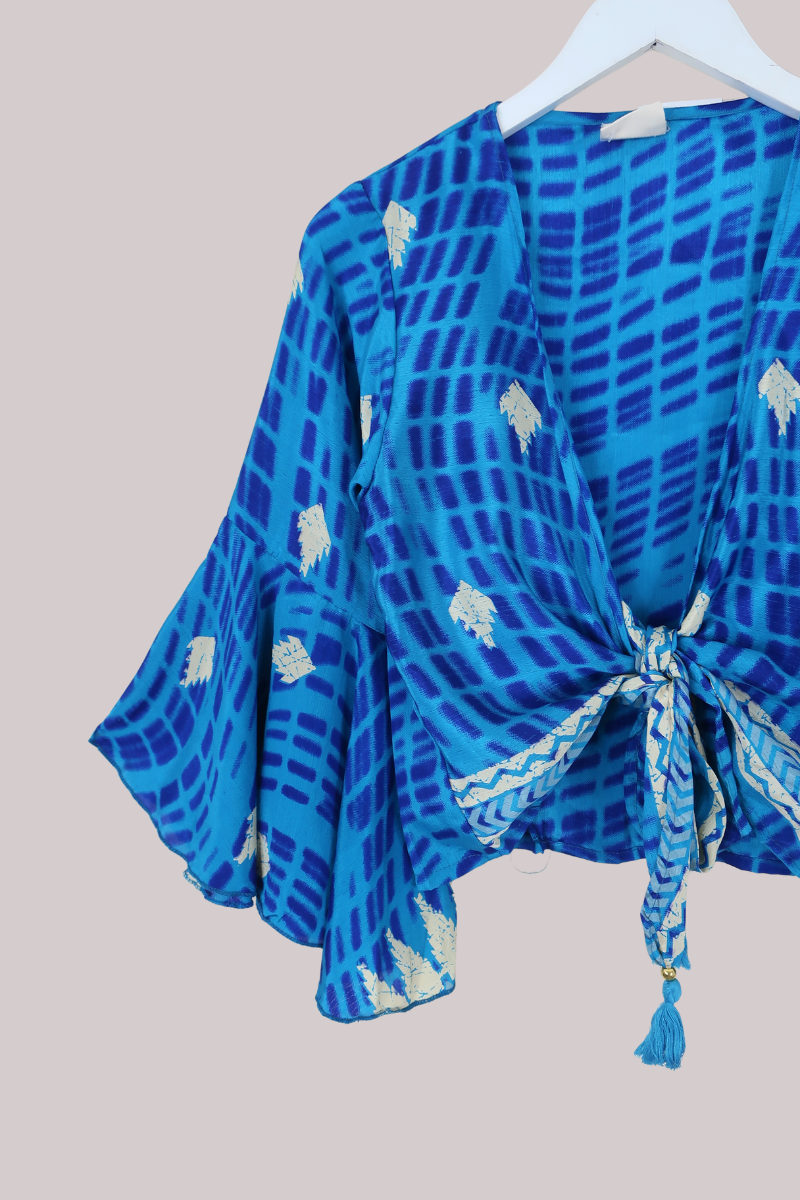 Sylvia Recycled Sari Wrap Top in Ocean Blue - Size S/M