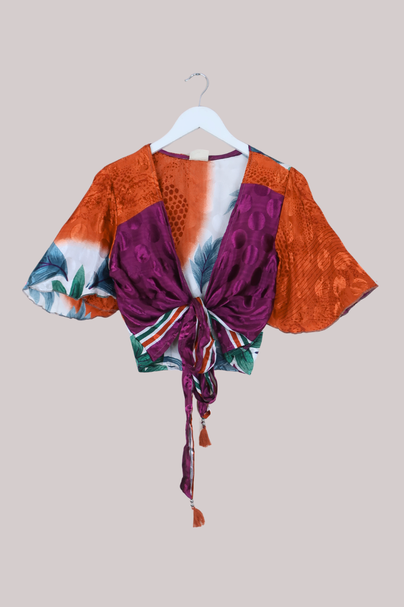 Angel Recycled Sari Wrap Top in Clementine & Grape - Size M/L
