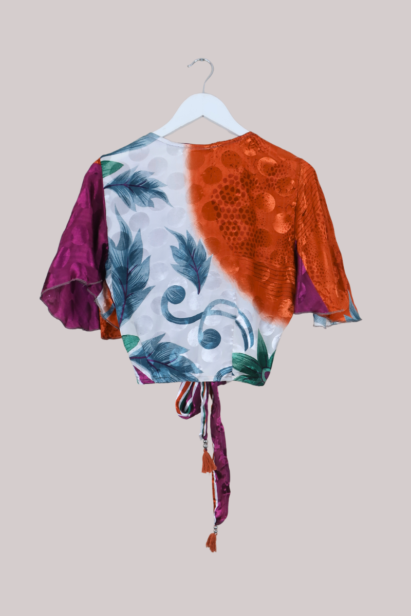 Angel Recycled Sari Wrap Top in Clementine & Grape - Size S/M