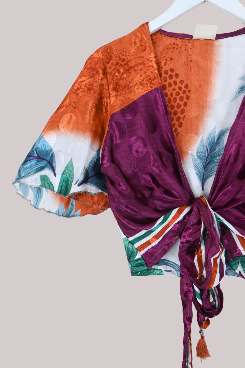 Angel Recycled Sari Wrap Top in Clementine & Grape - Size S/M