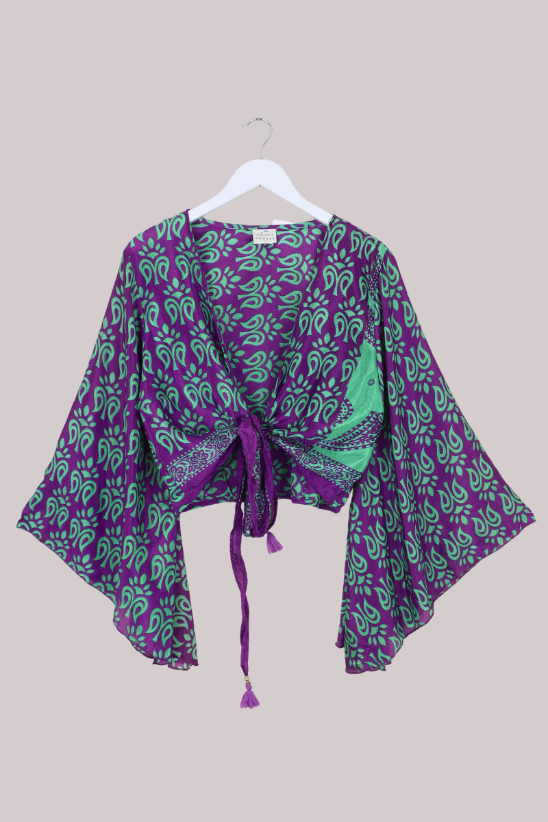 Gemini Recycled Sari Wrap Top in Daphne Purple & Lime - Size L/XL