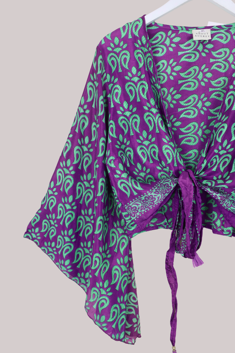 Gemini Recycled Sari Wrap Top in Daphne Purple & Lime - Size L/XL