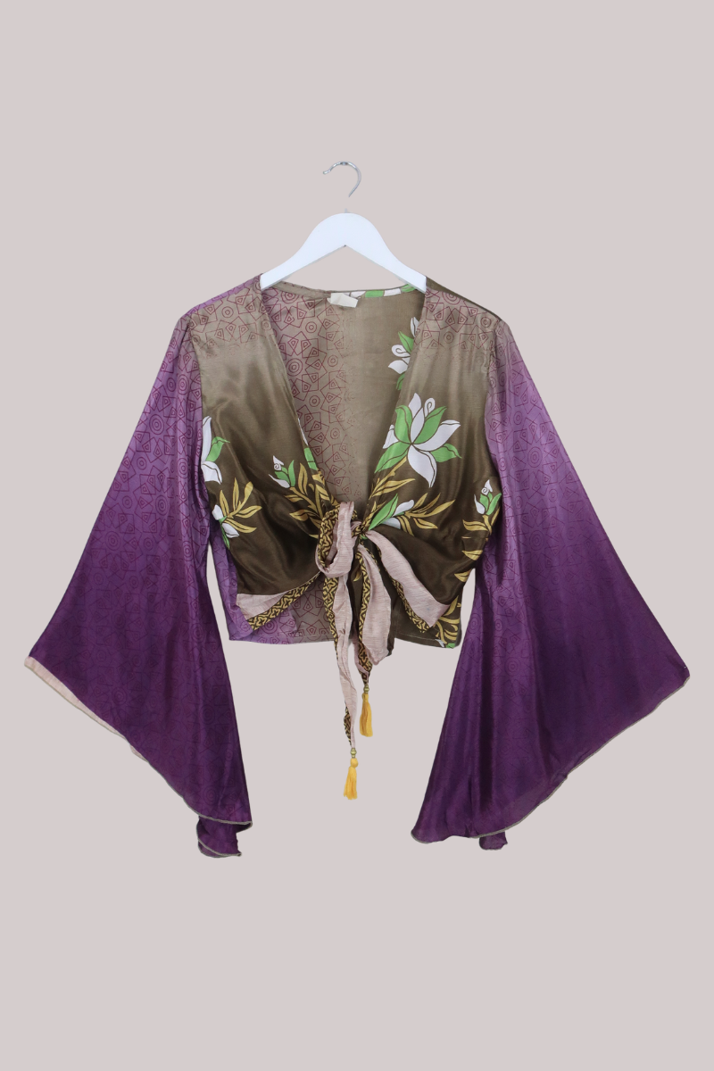 Gemini Recycled Sari Wrap Top in Hibiscus Purple & Cedar - Size L