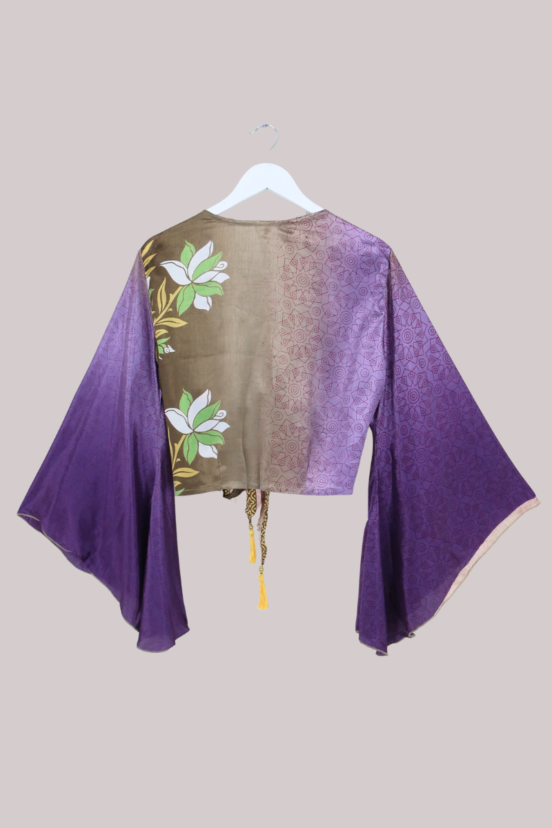 Gemini Recycled Sari Wrap Top in Hibiscus Purple & Cedar - Size L/XL