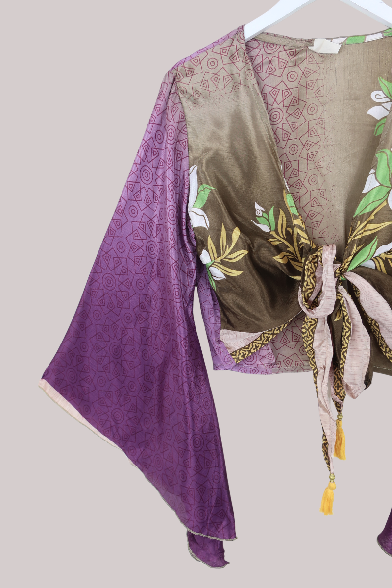 Gemini Recycled Sari Wrap Top in Hibiscus Purple & Cedar - Size L