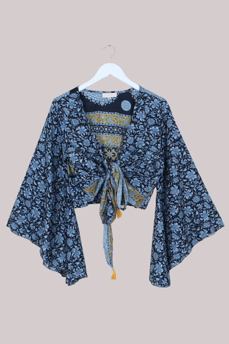 Gemini Recycled Sari Wrap Top in Diamond Blue Vintage Florals - Size L/XL