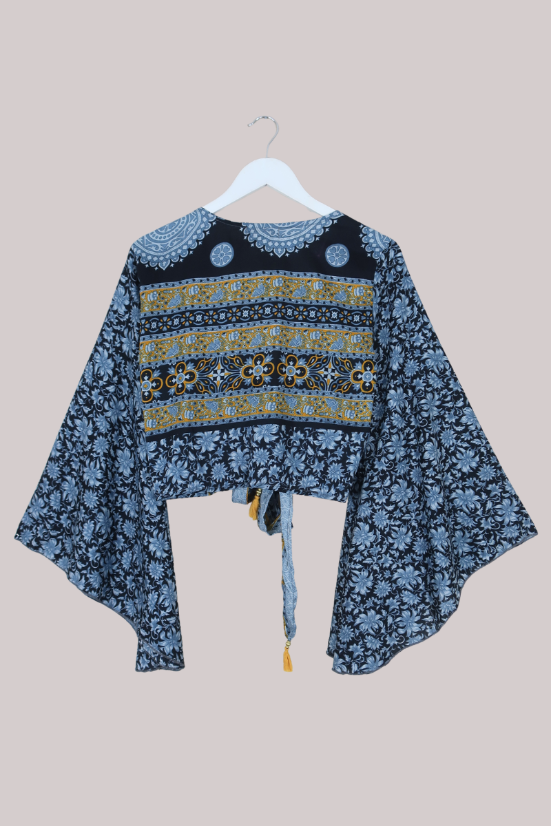 Gemini Recycled Sari Wrap Top in Diamond Blue Vintage Florals - Size L/XL