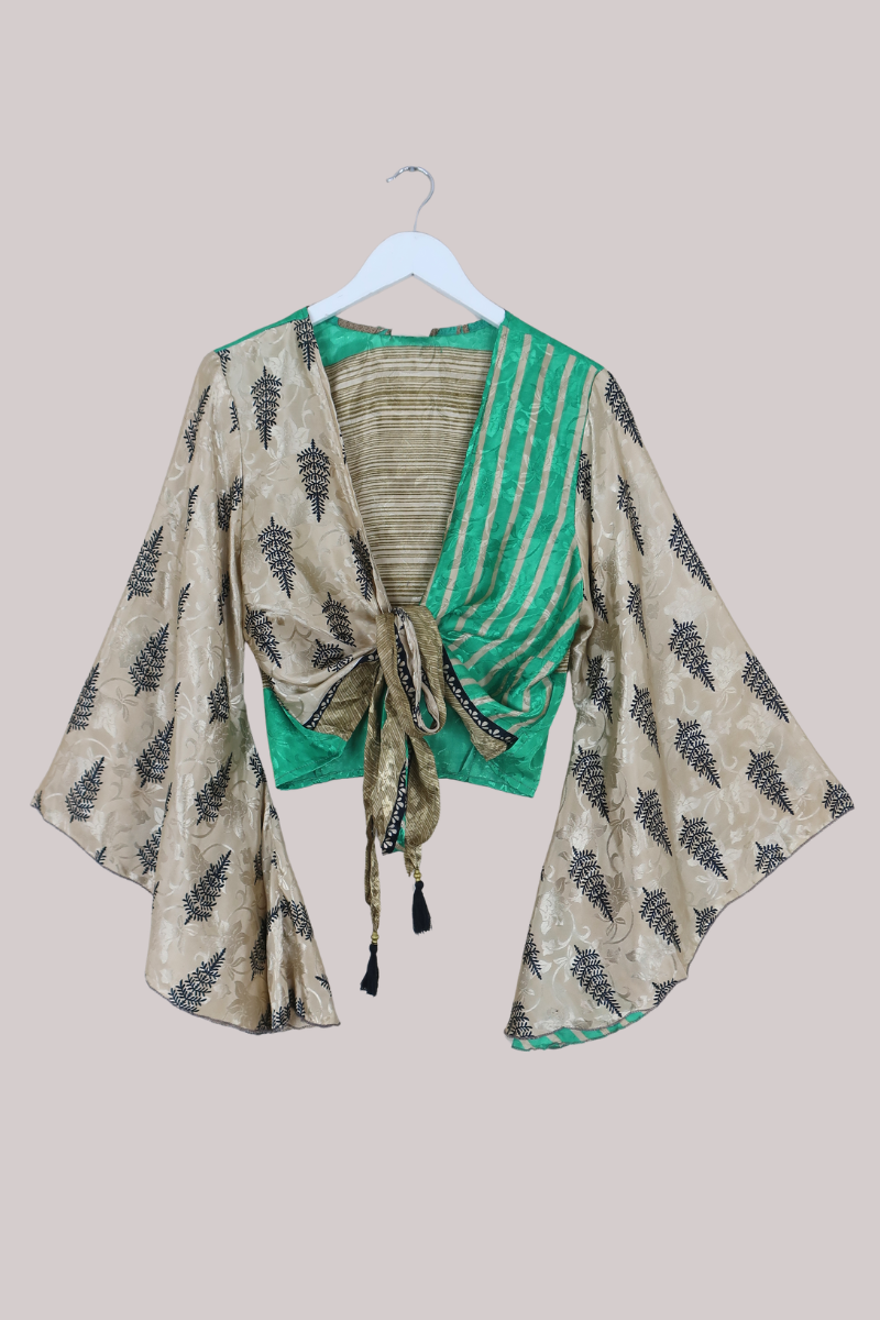 Gemini Recycled Sari Wrap Top in Champagne Gold & Emerald - Size L/XL