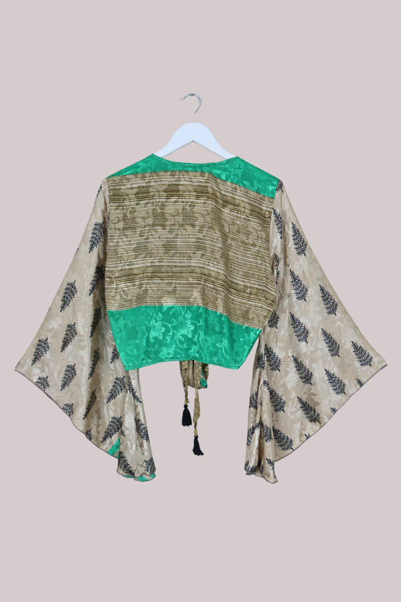 Gemini Recycled Sari Wrap Top in Champagne Gold & Emerald - Size L/XL