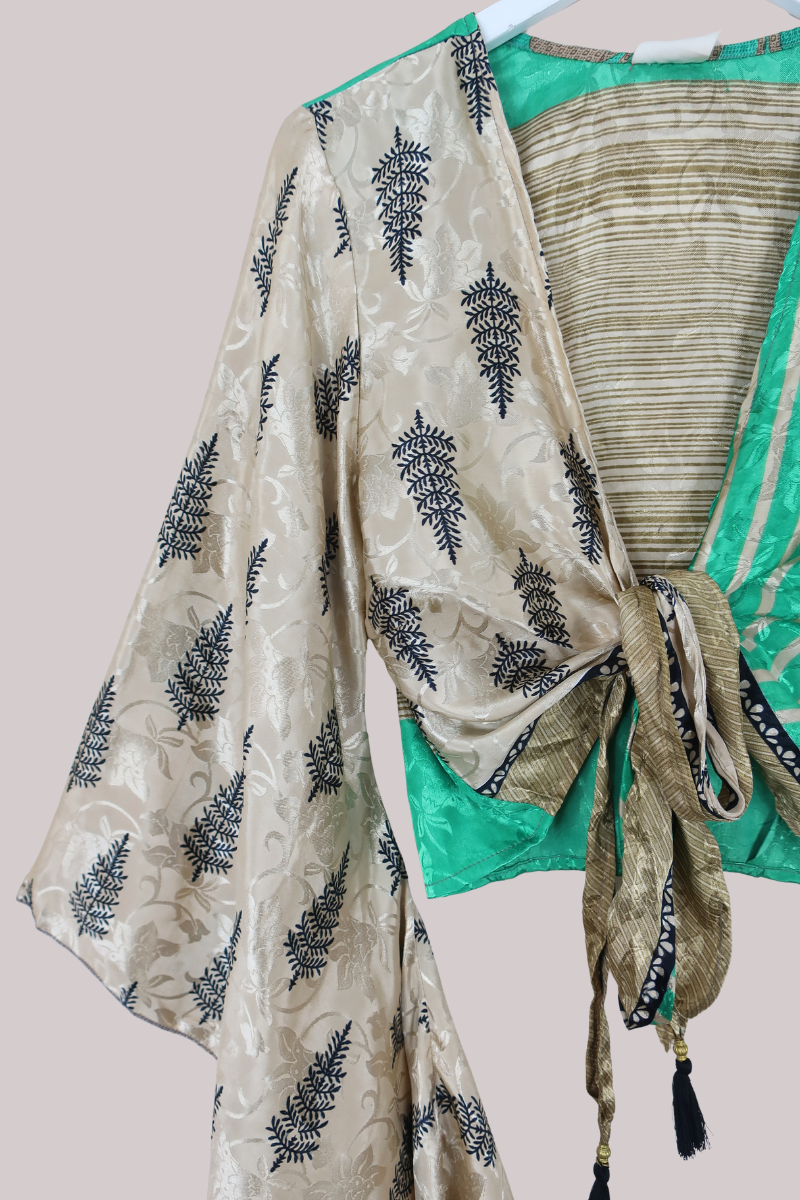 Gemini Recycled Sari Wrap Top in Champagne Gold & Emerald - Size L/XL