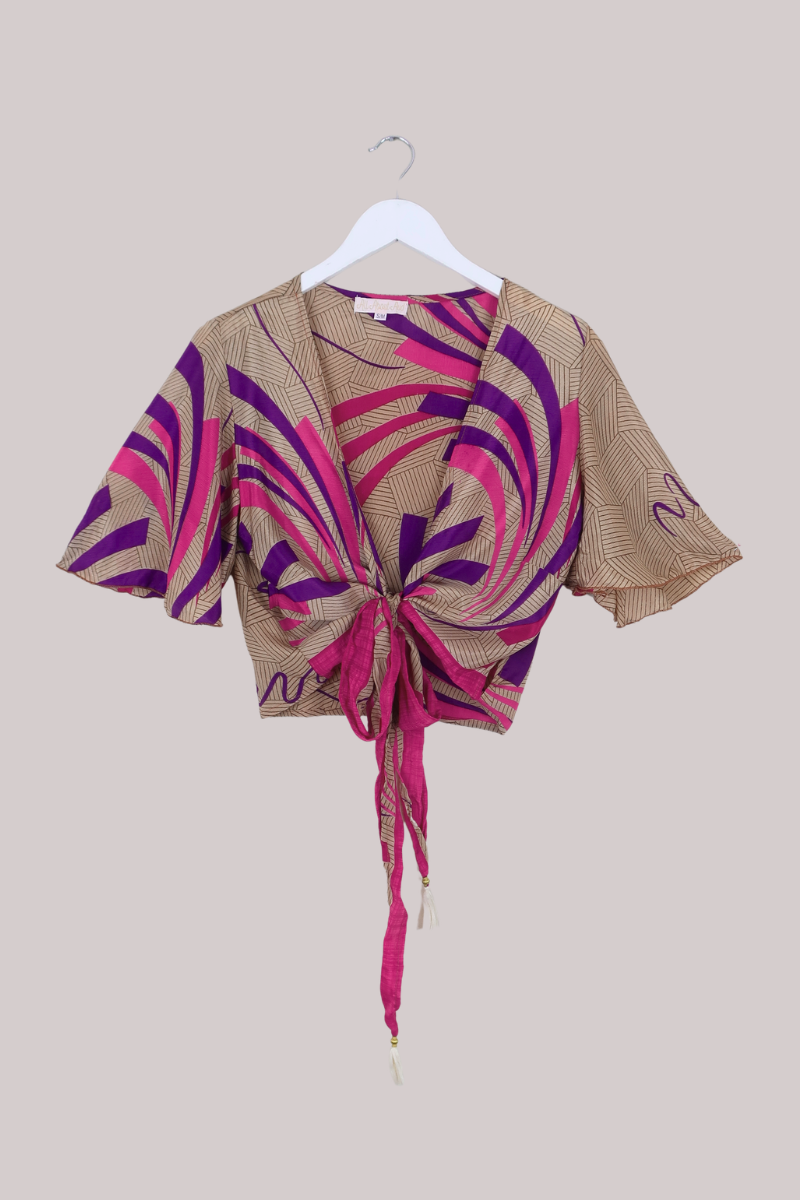 Angel Recycled Sari Wrap Top in Burst Of Pink & Purple - Size M/L