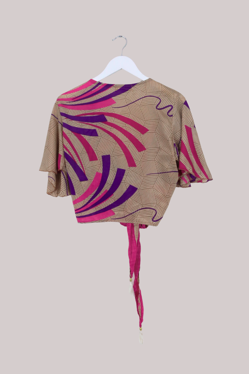 Angel Recycled Sari Wrap Top in Burst Of Pink & Purple - Size M/L