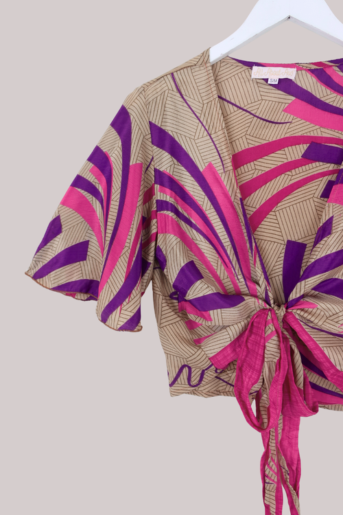 Angel Recycled Sari Wrap Top in Burst Of Pink & Purple - Size S/M
