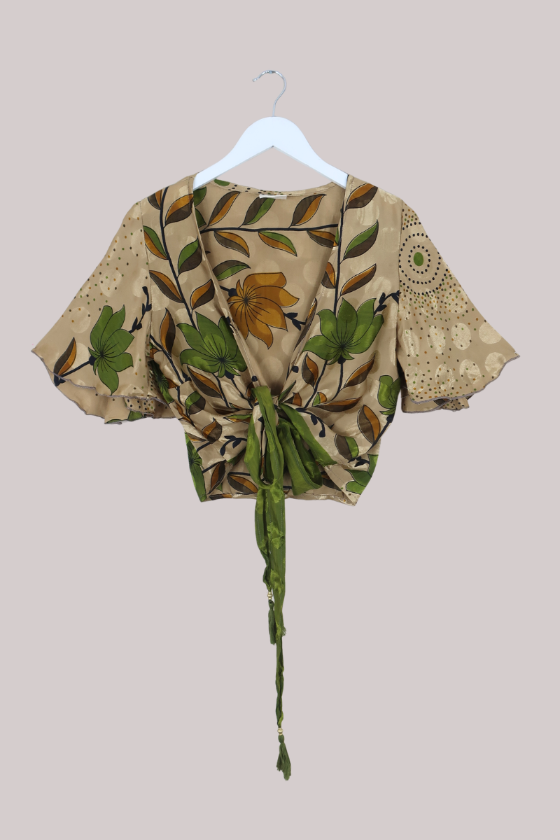 Angel Recycled Sari Wrap Top in Gold Polka Florals - Size S/M