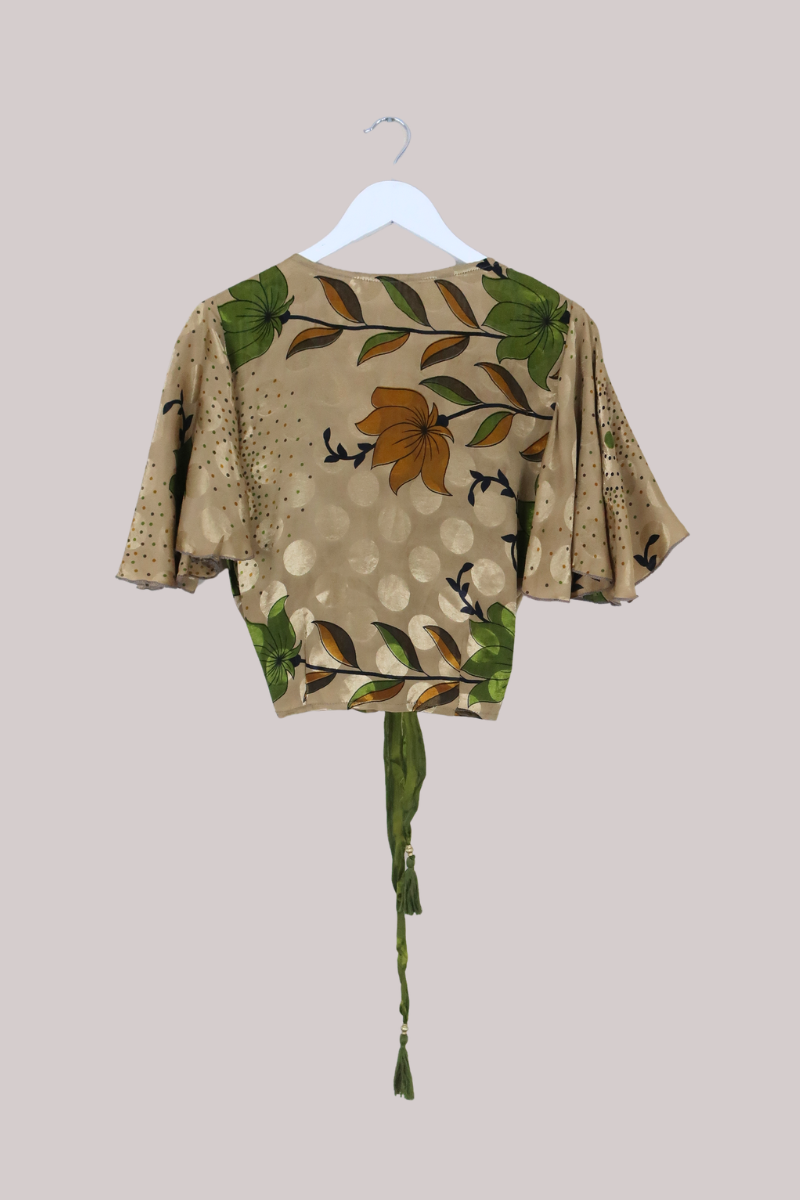 Angel Recycled Sari Wrap Top in Gold Polka Florals - Size S/M