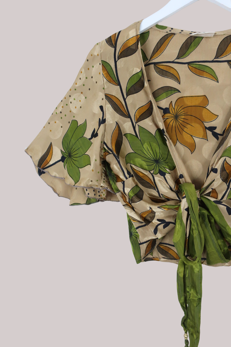 Angel Recycled Sari Wrap Top in Gold Polka Florals - Size S/M