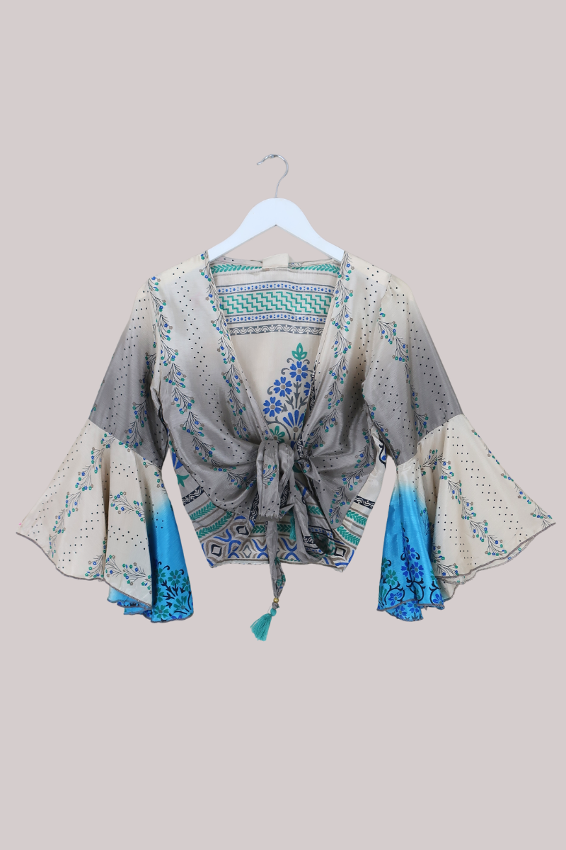 Sylvia Recycled Sari Wrap Top in Ionian Sea Florals - Size XS