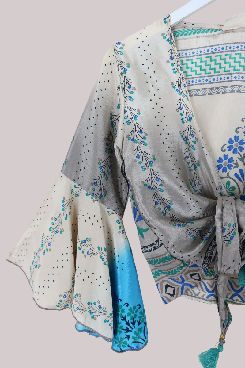 Sylvia Recycled Sari Wrap Top in Ionian Sea Florals - Size XS