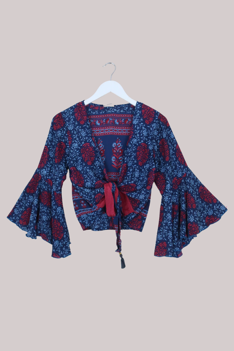 Sylvia Recycled Sari Wrap Top in Deep Sapphire & Garnet Florals - Size S/M