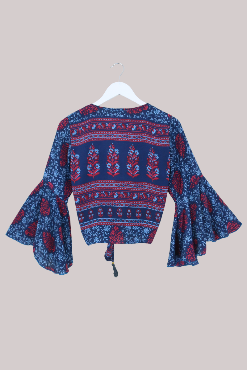 Sylvia Recycled Sari Wrap Top in Deep Sapphire & Garnet Florals - Size S/M