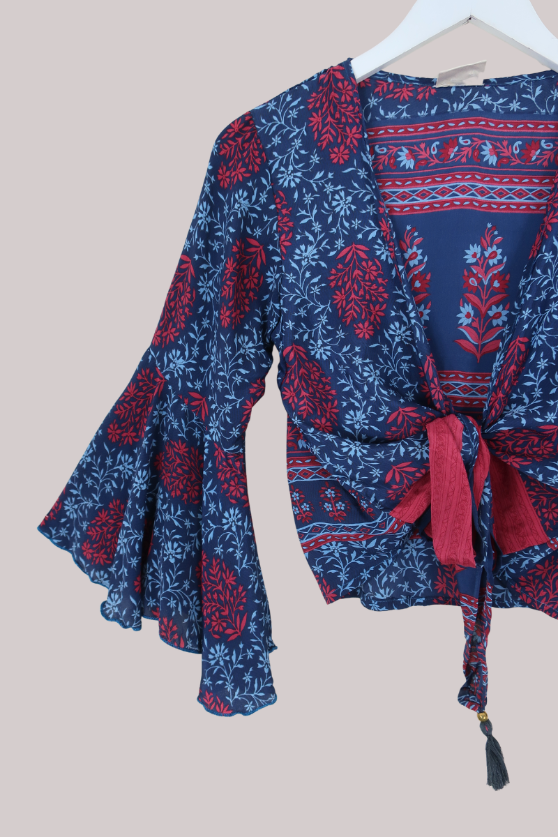 Sylvia Recycled Sari Wrap Top in Deep Sapphire & Garnet Florals - Size S/M