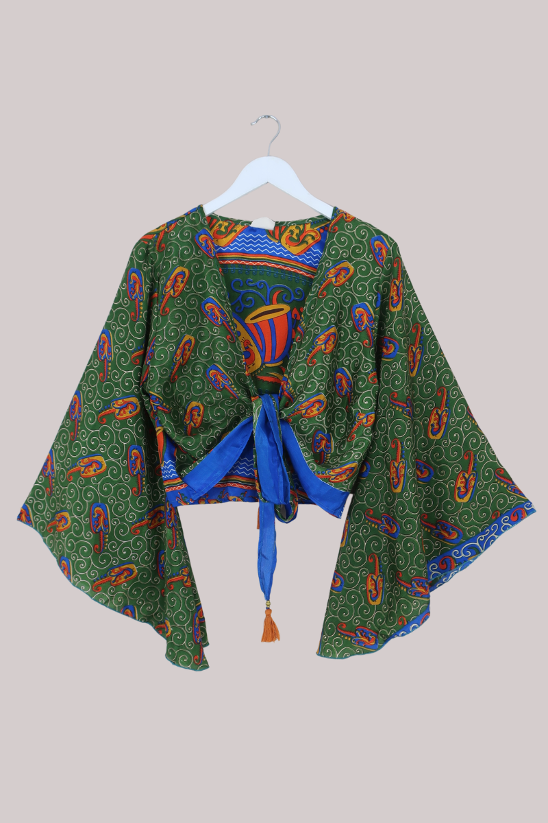 Gemini Recycled Sari Wrap Top in Swirling Jade Peacocks - Size L/XL