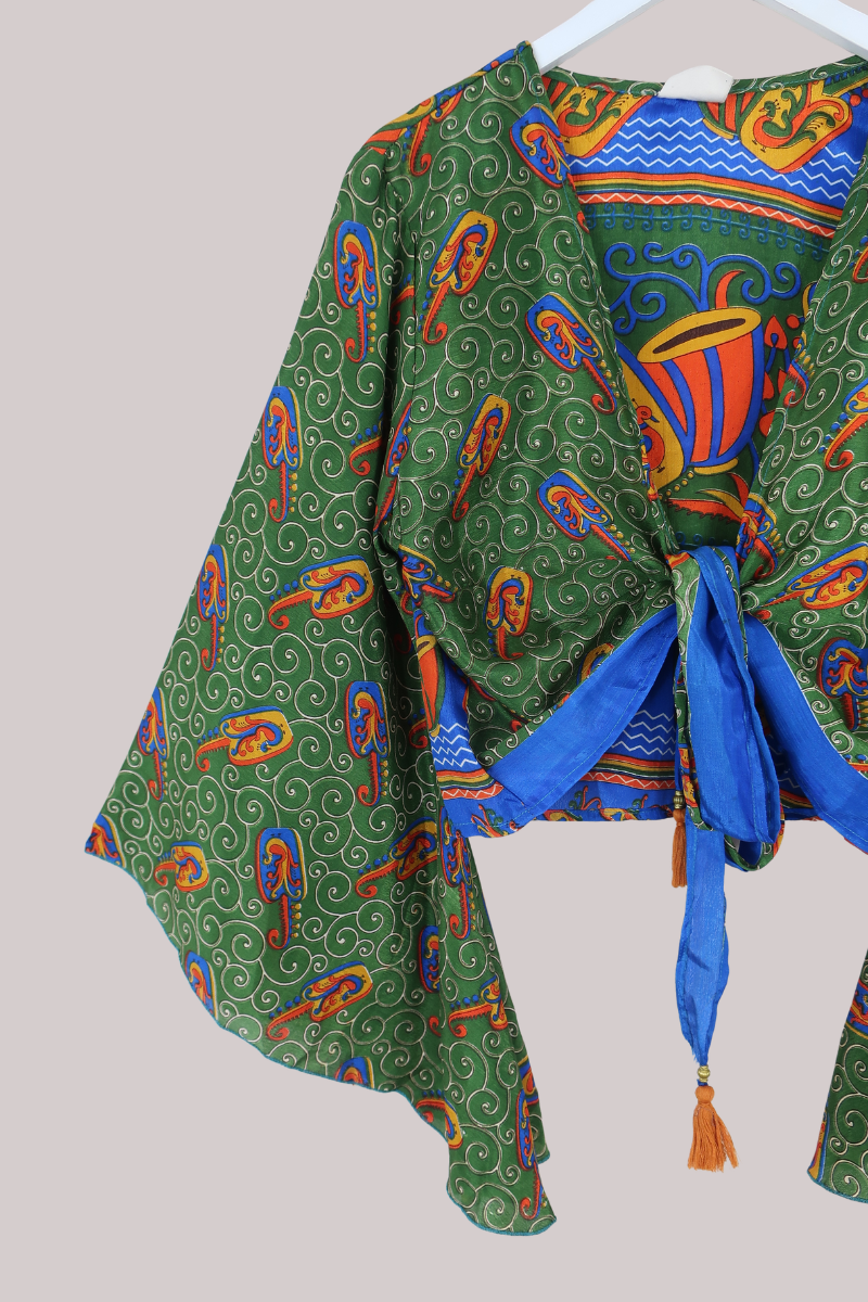 Gemini Recycled Sari Wrap Top in Swirling Jade Peacocks - Size L/XL