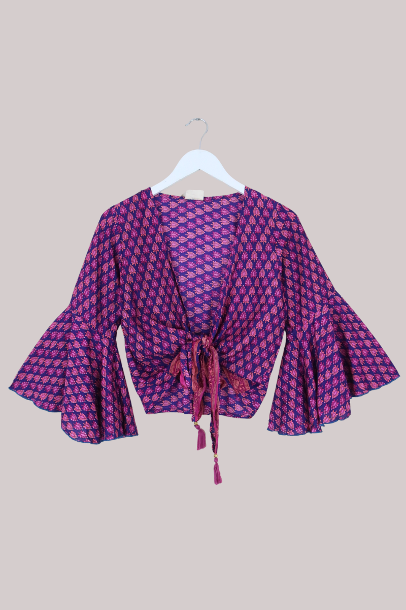 Sylvia Recycled Sari Wrap Top in Plum Wine Florals - Size XS