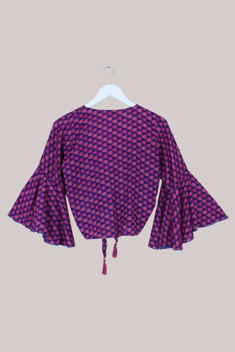 Sylvia Recycled Sari Wrap Top in Plum Wine Florals - Size XS