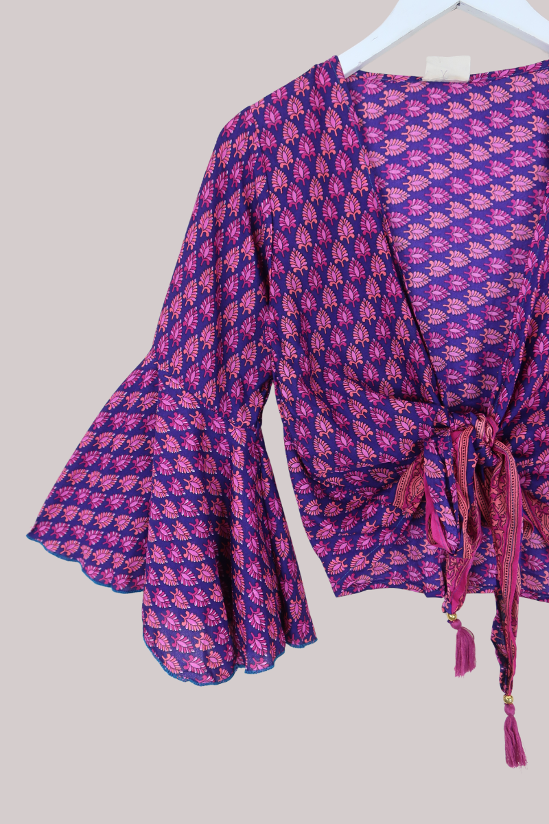 Sylvia Recycled Sari Wrap Top in Plum Wine Florals - Size XS