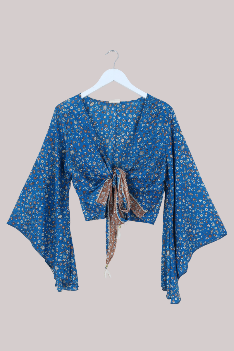Gemini Recycled Sari Wrap Top in Ocean Teal & Tan Florals - Size L/XL