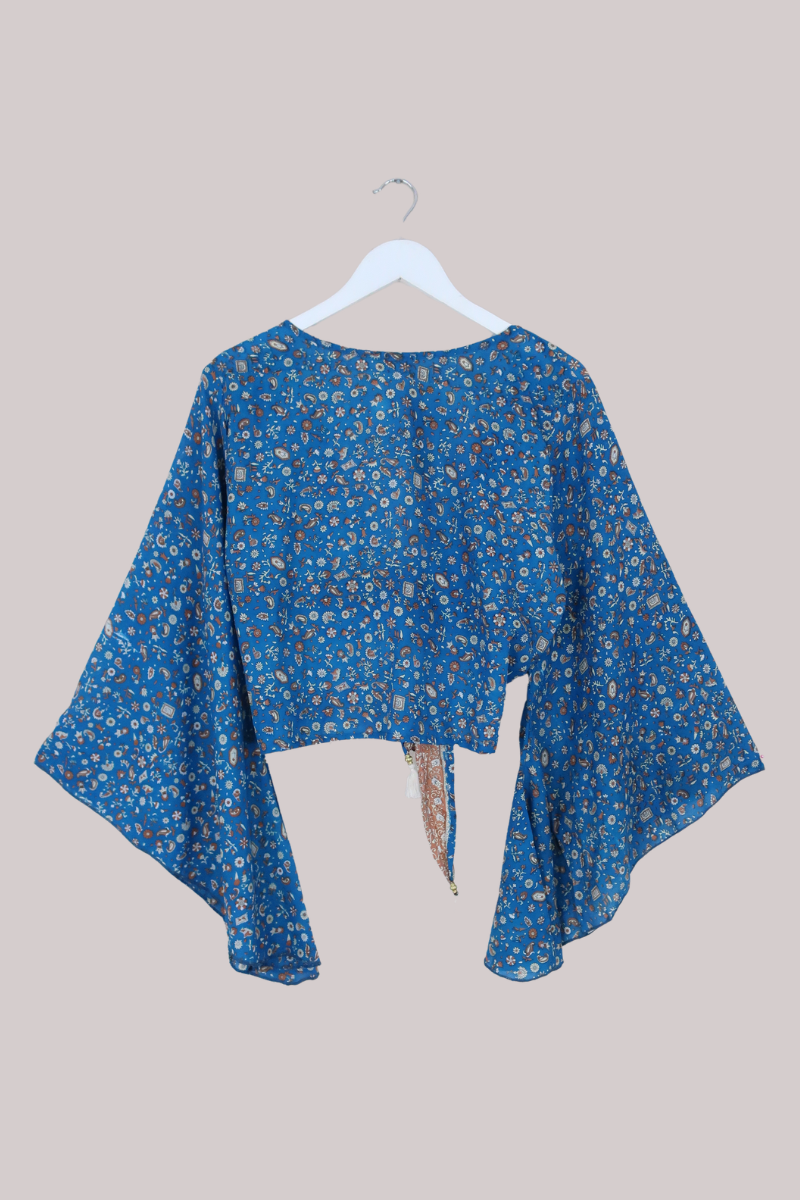 Gemini Recycled Sari Wrap Top in Ocean Teal & Tan Florals - Size L/XL