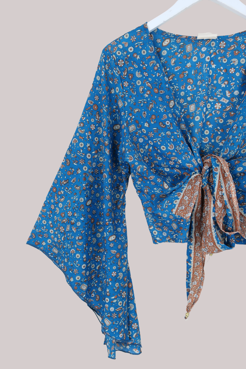 Gemini Recycled Sari Wrap Top in Ocean Teal & Tan Florals - Size L/XL