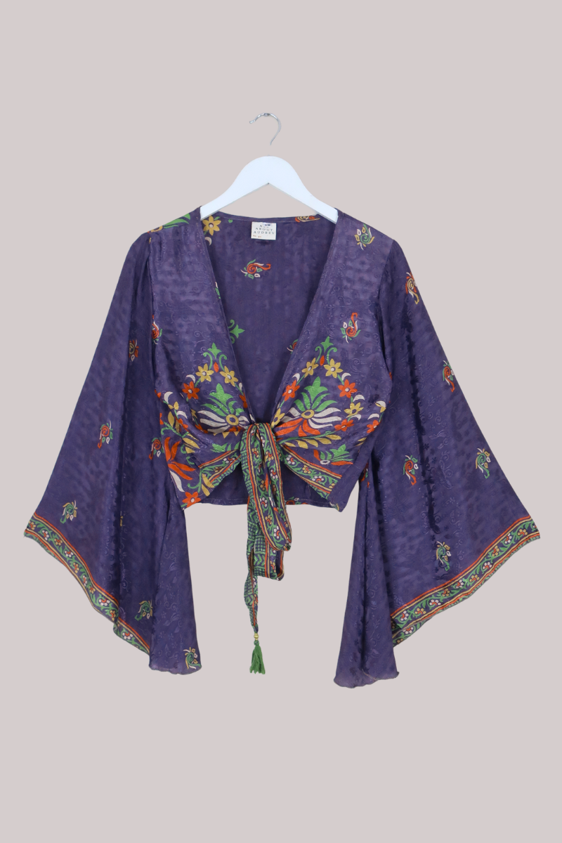 Gemini Recycled Sari Wrap Top in Violet Paisley Garden - Size M/L