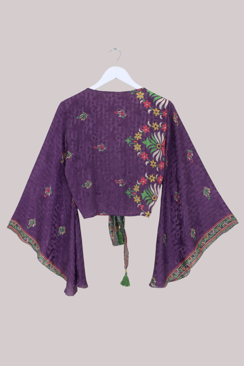 Gemini Recycled Sari Wrap Top in Violet Paisley Garden - Size M/L