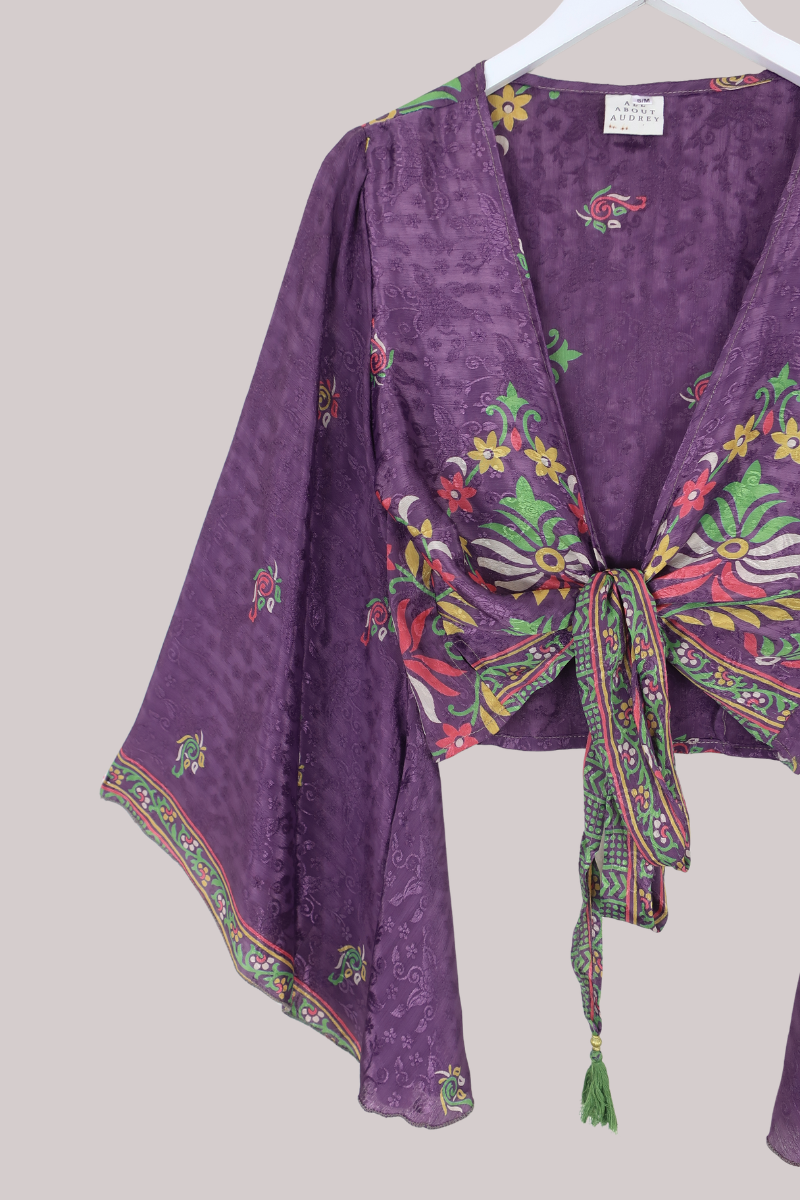 Gemini Recycled Sari Wrap Top in Violet Paisley Garden - Size M/L