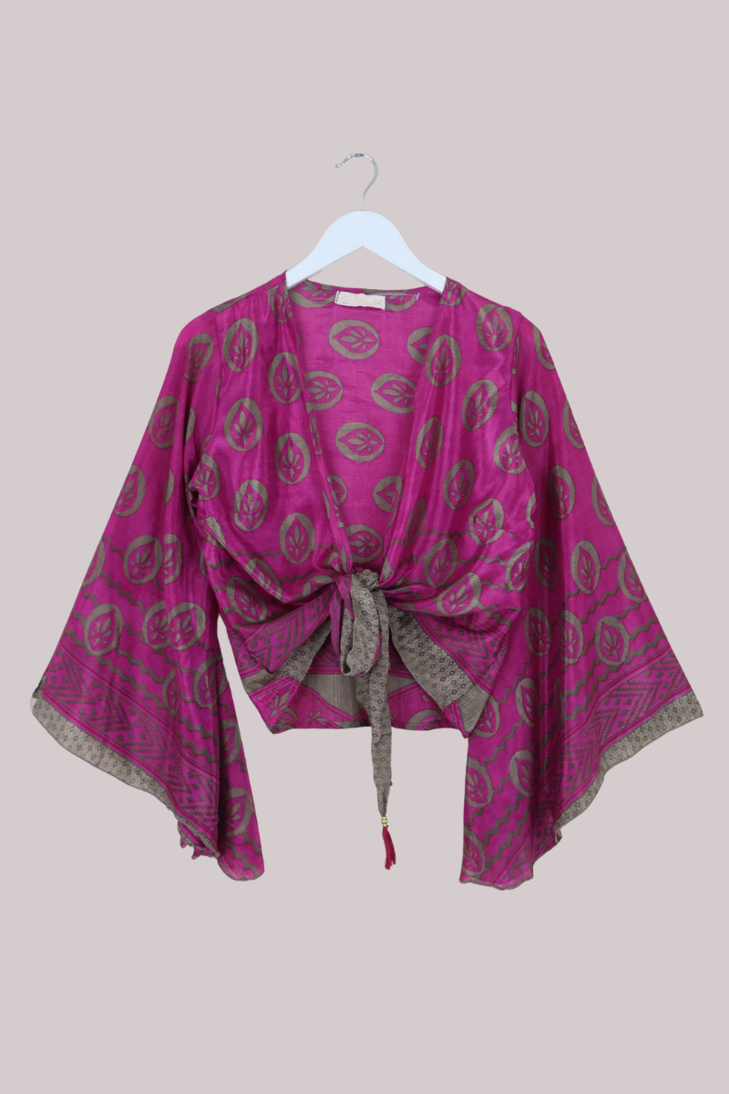 Gemini Recycled Sari Wrap Top in Flamingo Pink Lotus - Size L