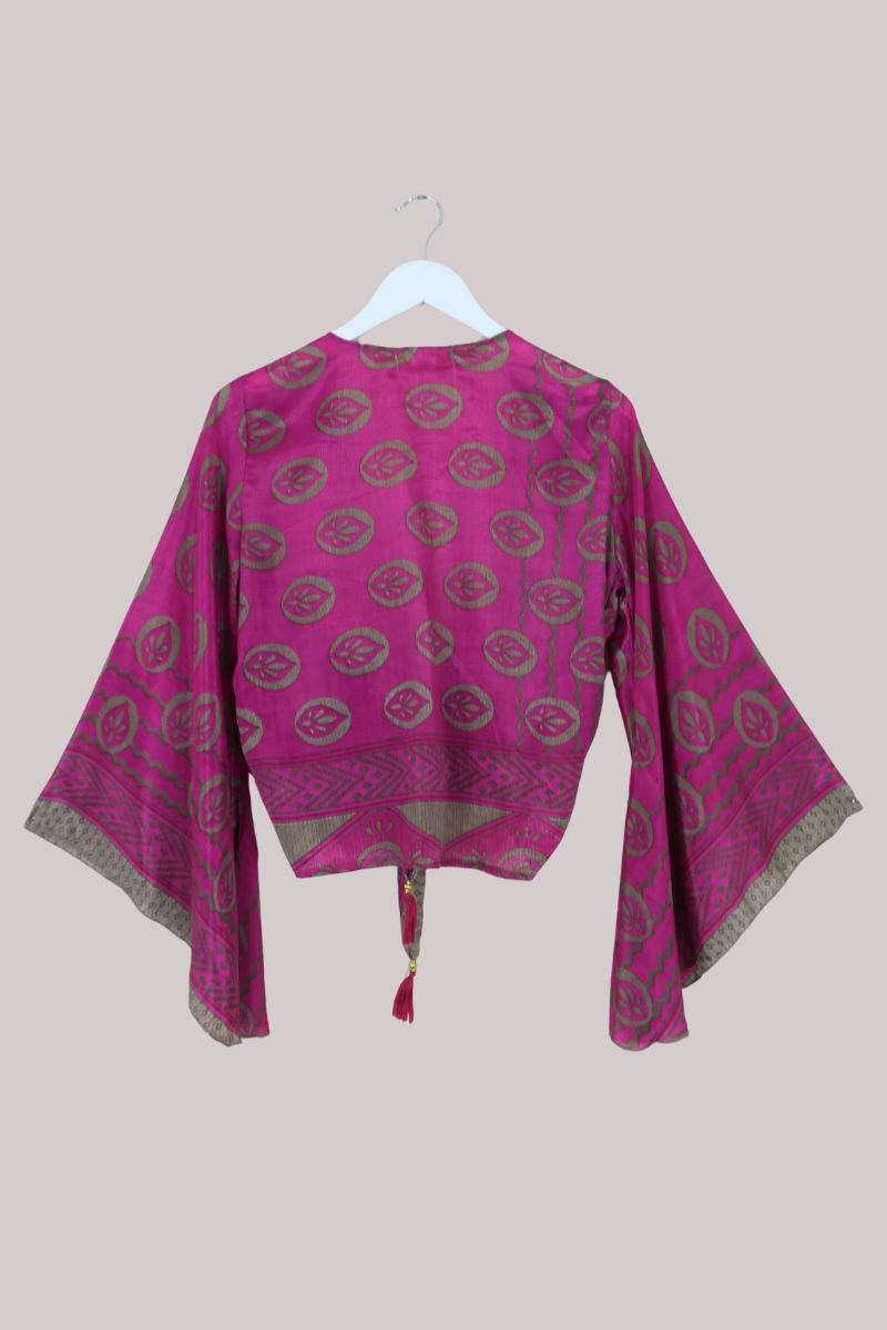 Gemini Recycled Sari Wrap Top in Flamingo Pink Lotus - Size L