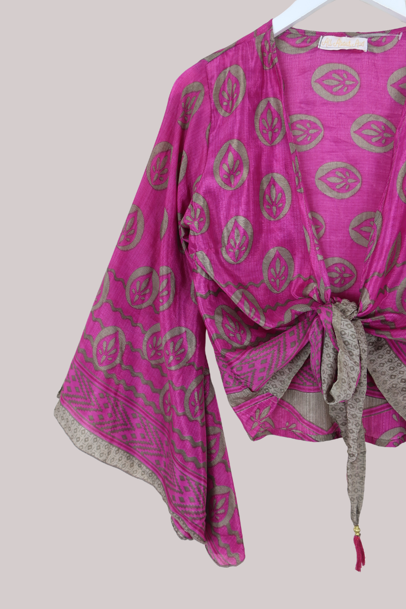 Gemini Recycled Sari Wrap Top in Flamingo Pink Lotus - Size L