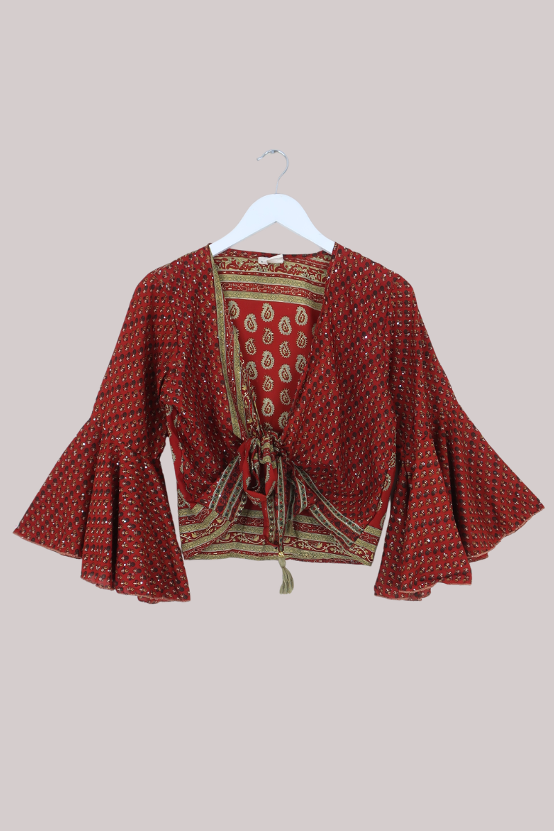 Sylvia Recycled Sari Wrap Top in Clay Red & Gold Paisley - Size S/M