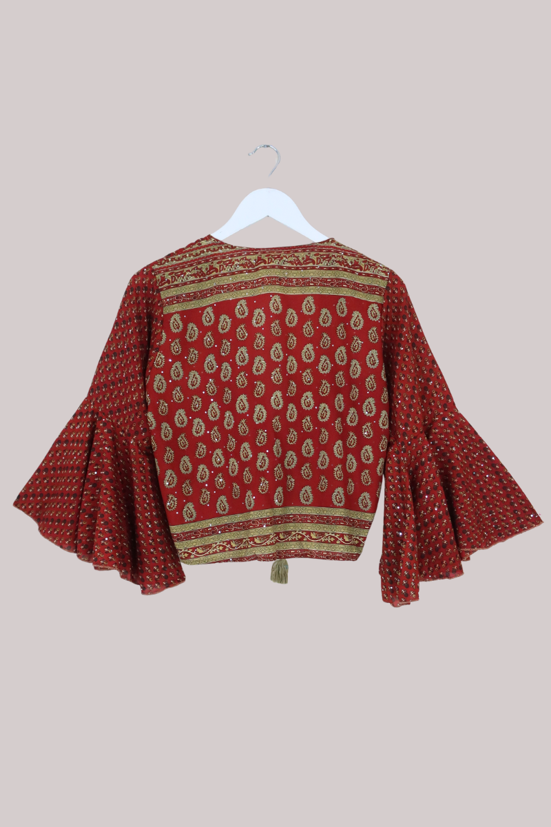 Sylvia Recycled Sari Wrap Top in Clay Red & Gold Paisley - Size S/M