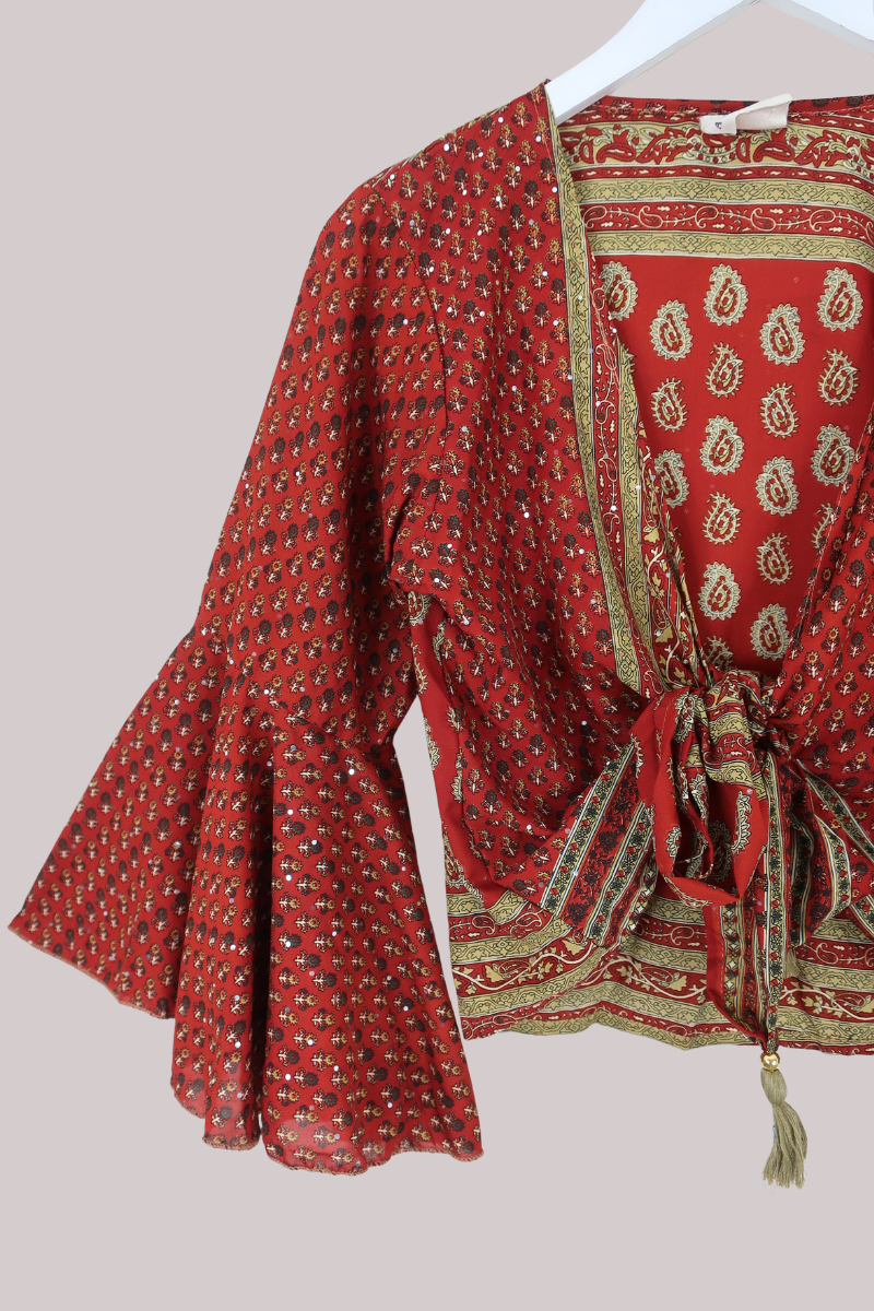 Sylvia Recycled Sari Wrap Top in Clay Red & Gold Paisley - Size S/M
