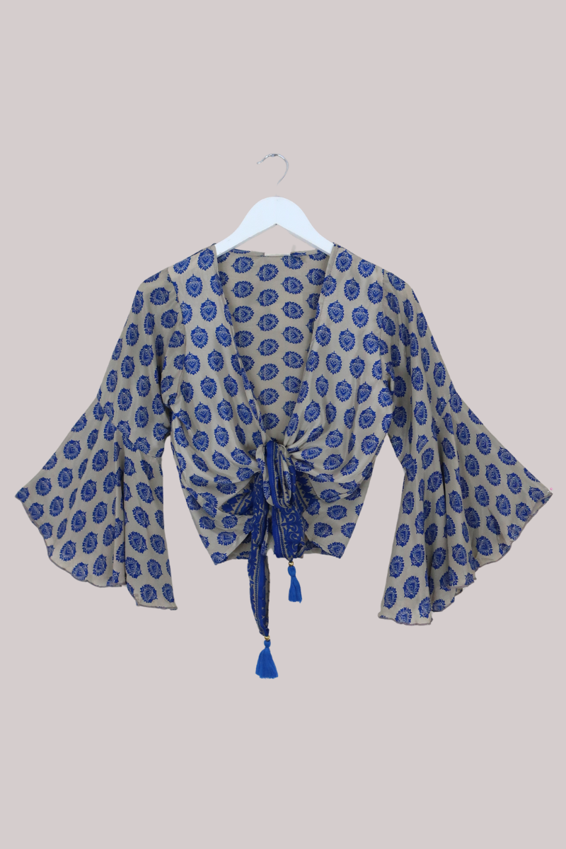 Sylvia Recycled Sari Wrap Top in Oat & Forget-Me-Not Blue - Size XS